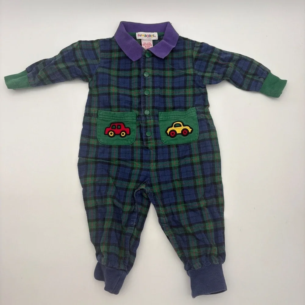 Vintage Gymboree Plaid Car Applique Romper Green Navy‎ Blue Infant 100% Cotton